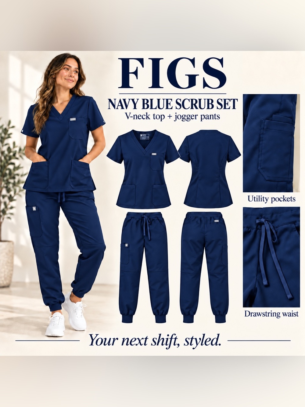 FIGS Navy Blue V-Neck Scrub Set with Jogger Pants